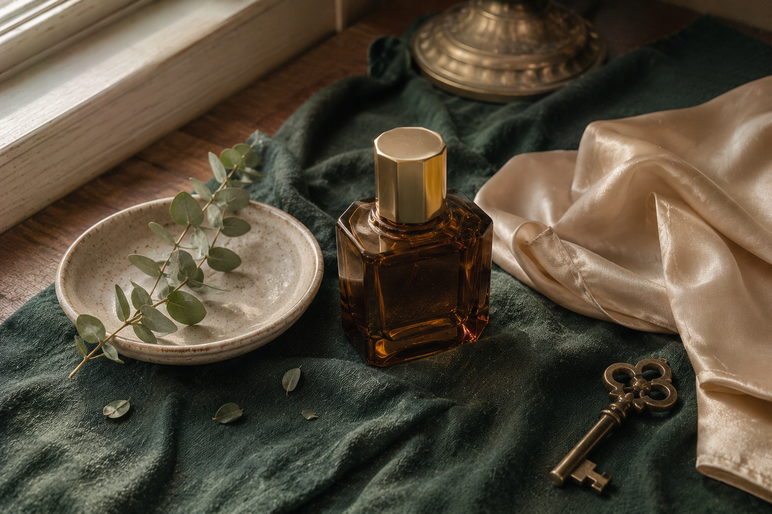 A small amber perfume bottle and a sprig of greenery on deep emerald linen in soft daylight