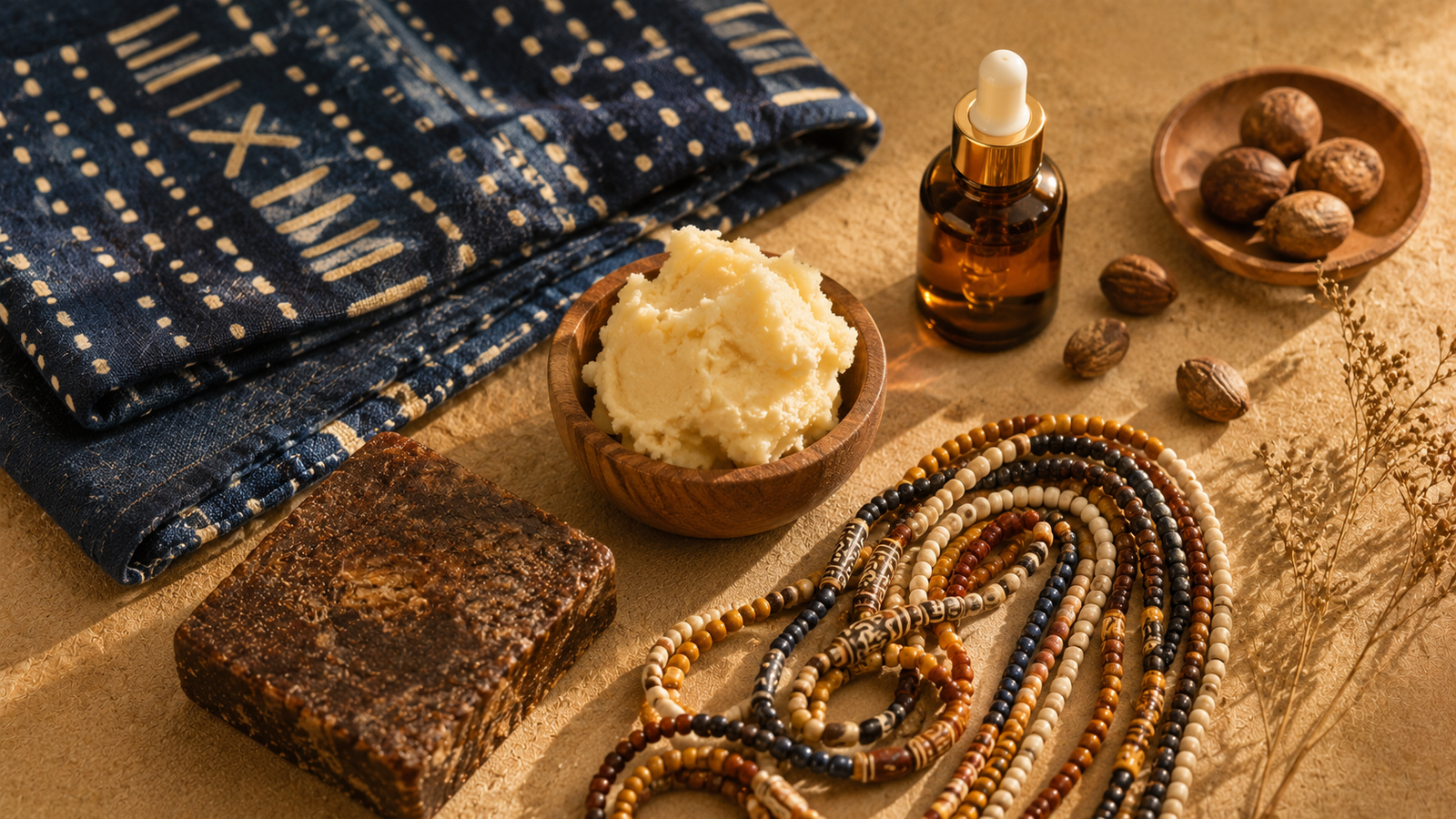 An arrangement of traditional African beauty elements - shea butter, black soap, woven beads, and natural cloth - on a soft surface