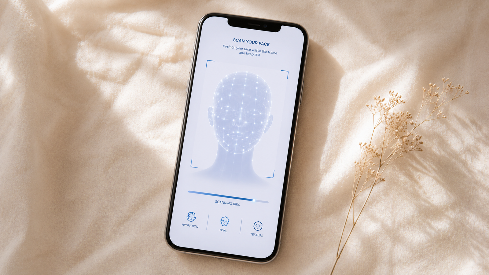 A smartphone showing a face-scanning interface with grid overlay on a soft surface