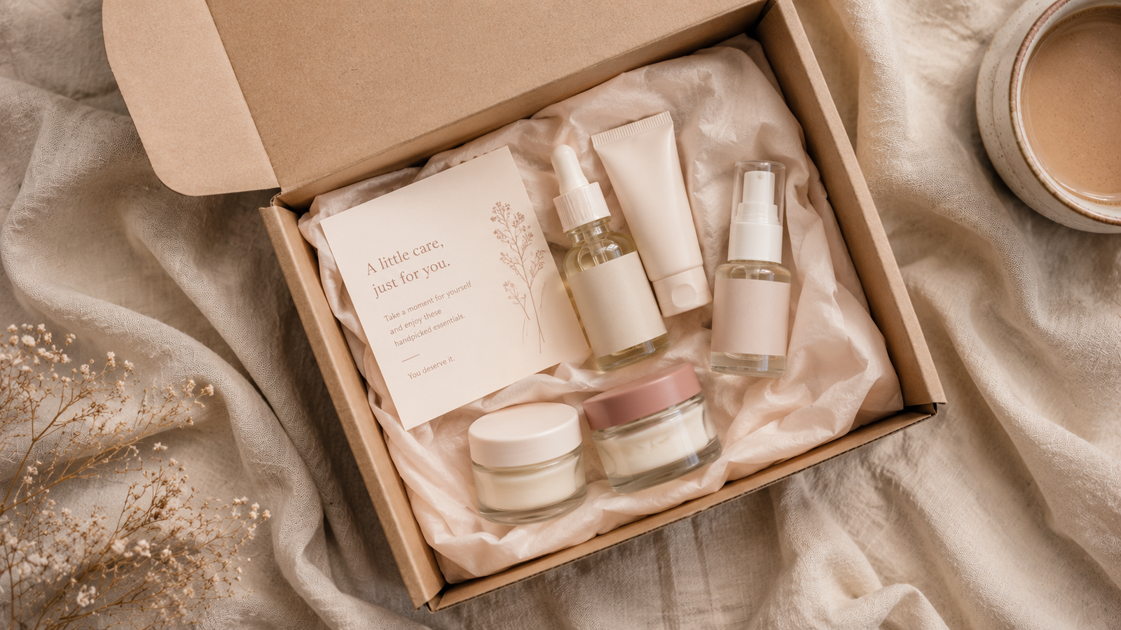 An open unbranded subscription box with small beauty product samples arranged inside on soft tissue paper