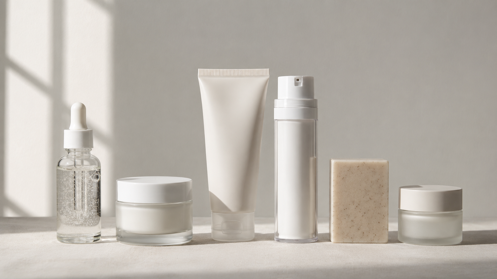 A collection of unbranded beauty product bottles and packaging arranged on a neutral surface