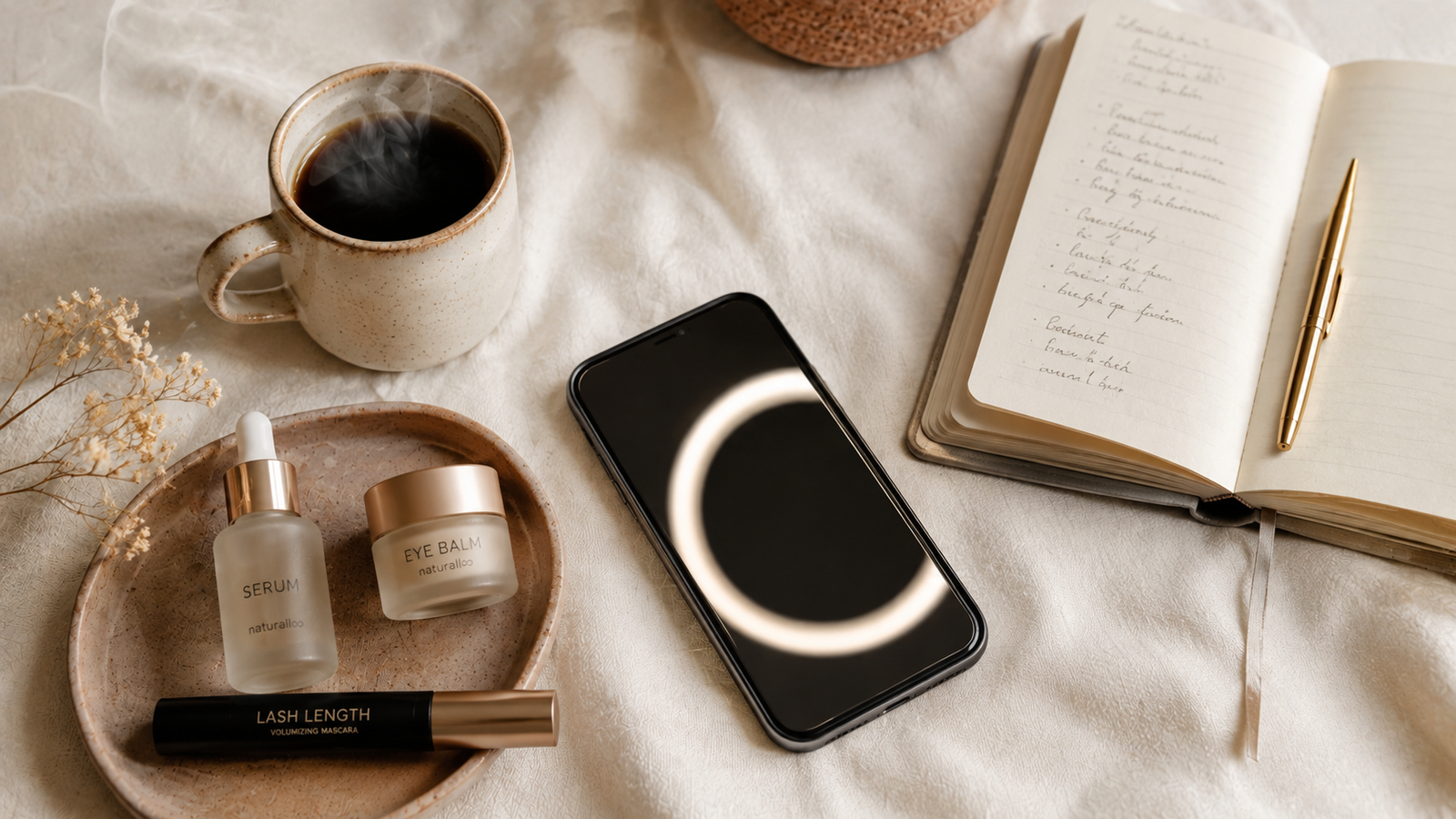 A soft flat-lay of a smartphone with visible ring light reflection, beauty products, and a small notebook on cream linen
