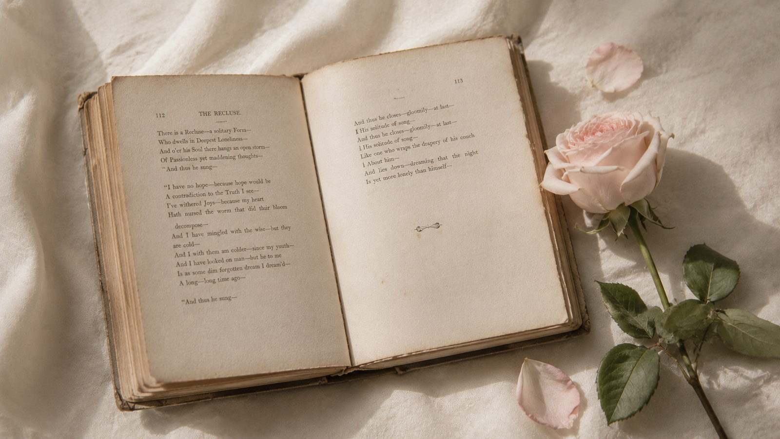 A vintage book lying open on a soft surface with a single rose beside it