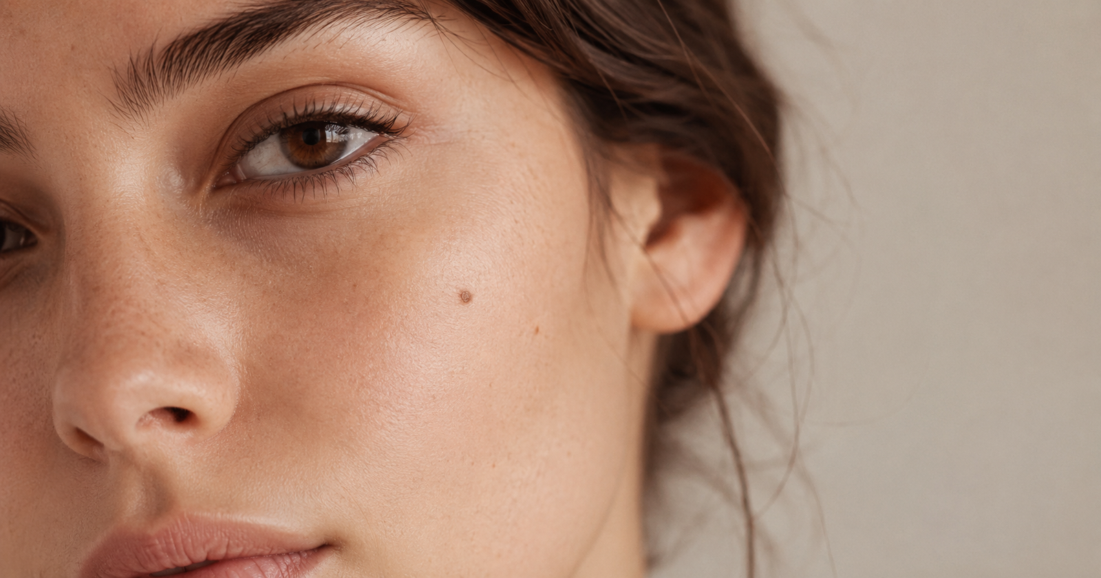 A close-up of skin showing a small, defined beauty mark on the upper cheek
