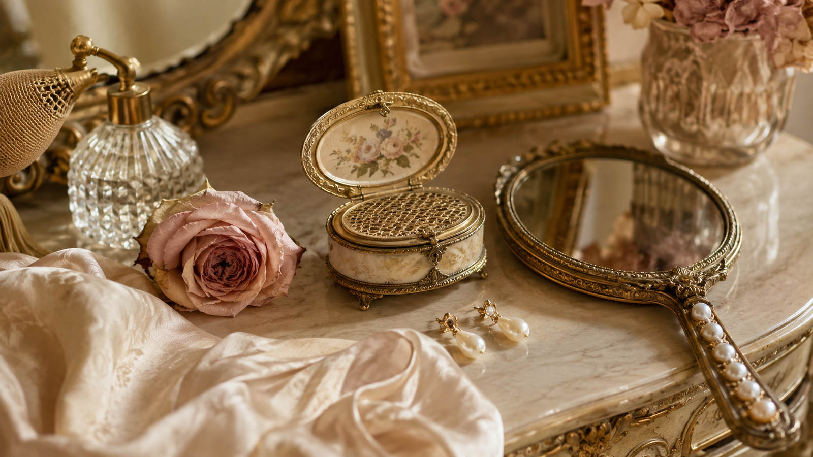 A vintage vanity table with a hand mirror, small ornate box, and pearl earrings arranged elegantly