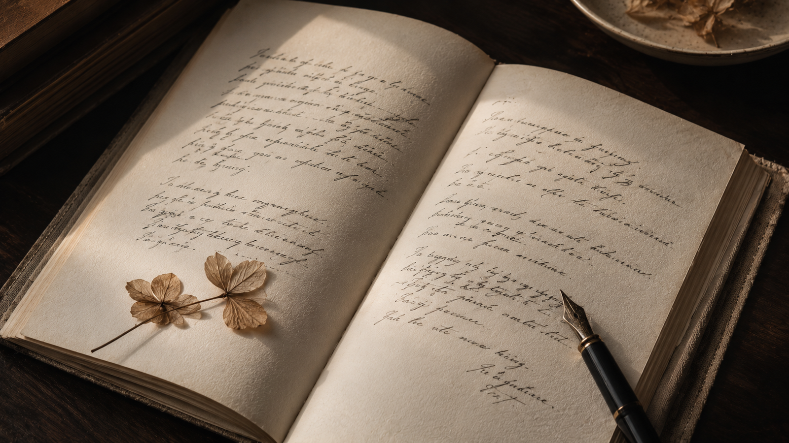 An open notebook with handwritten quotes and a vintage fountain pen resting beside it