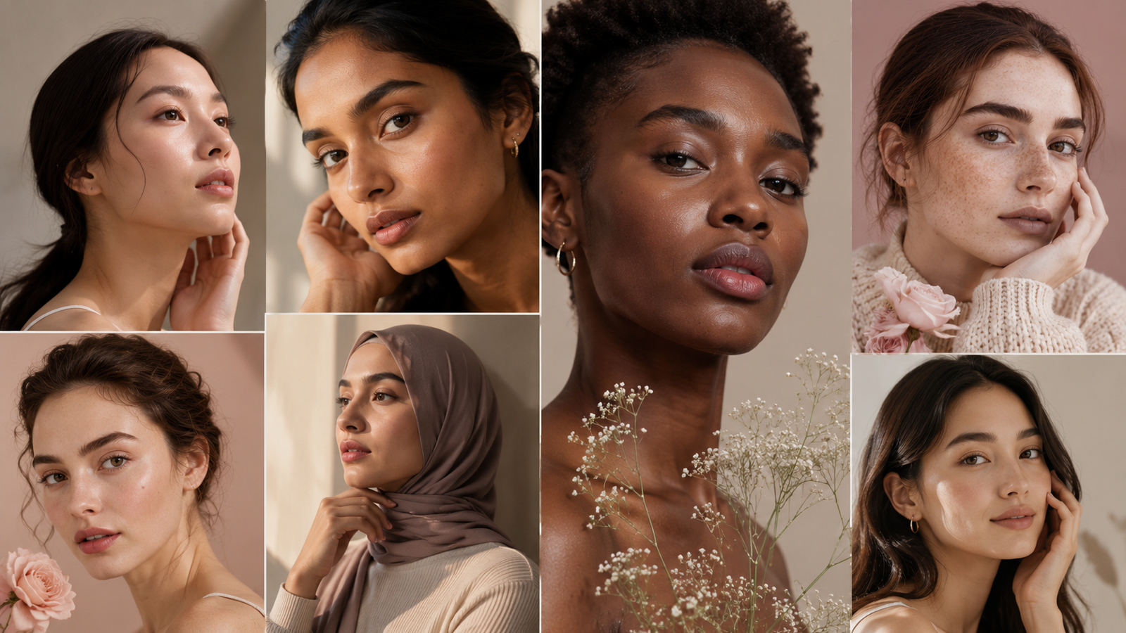 A collage of diverse faces representing different cultures and beauty traditions