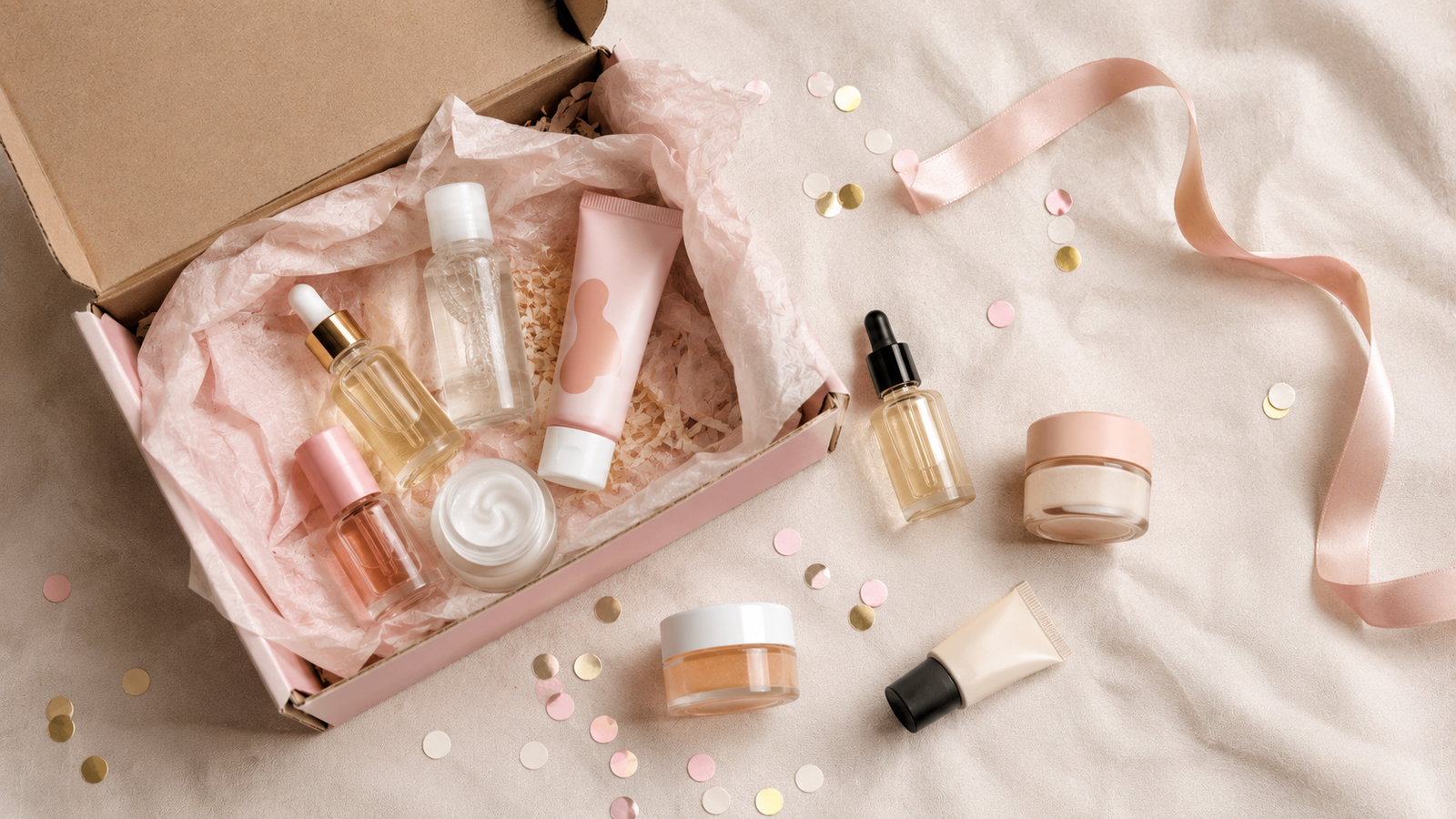 An open subscription box with assorted beauty product samples spilling out on a soft surface