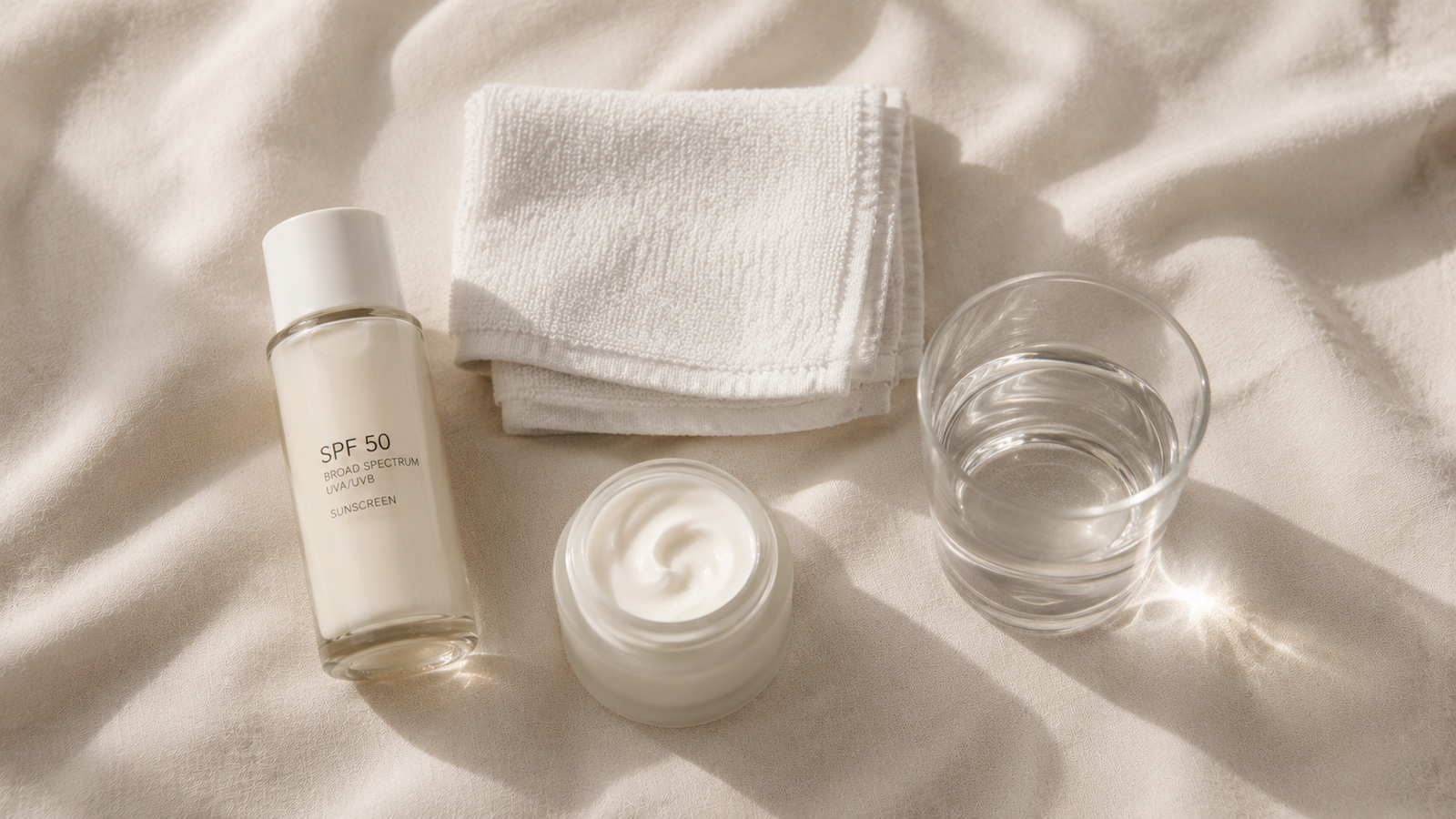 A simple arrangement of essential beauty items - a bottle of sunscreen, a cleanser, a soft towel, and a glass of water