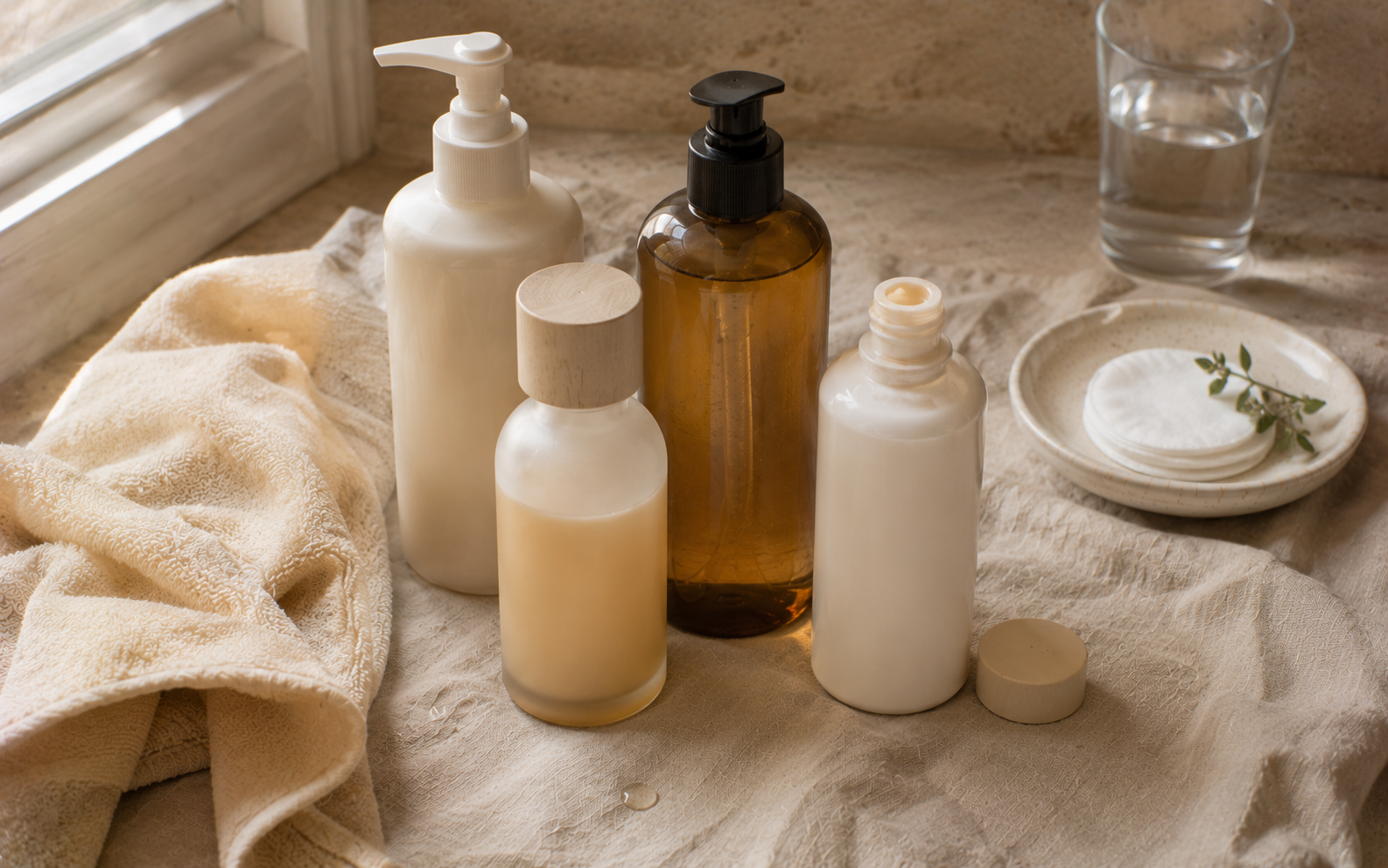 Several body lotion bottles arranged on warm oat-toned linen beside a soft buttercream cloth in natural daylight