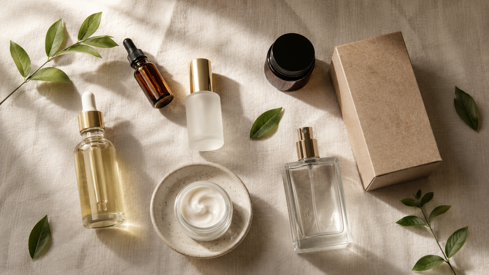 An editorial arrangement of various clean beauty products in glass and recycled packaging