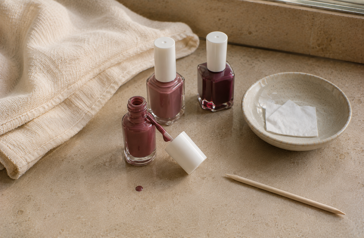 A few nail polish bottles in soft plum and rose shades arranged on warm cream linen in natural daylight