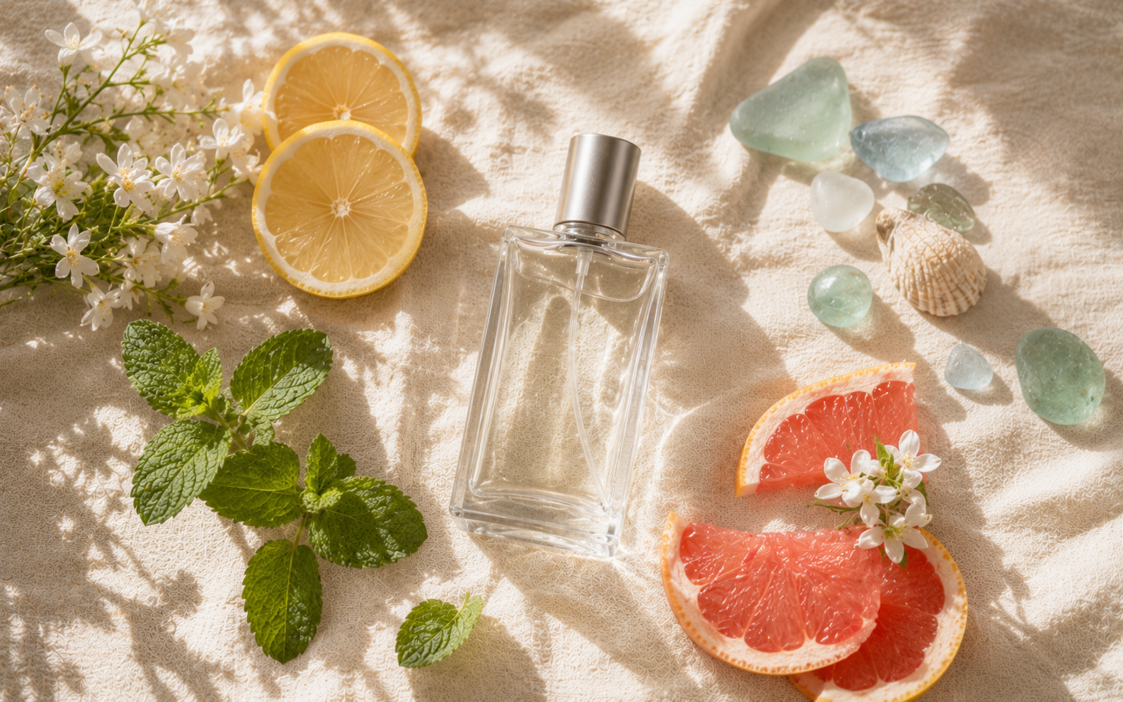 Several perfume bottles arranged in sunlight with fresh citrus slices and small green leaves