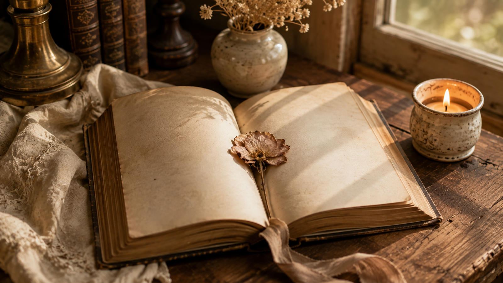 An open leather-bound book on a wooden table with soft natural light and a small dried flower resting on the pages