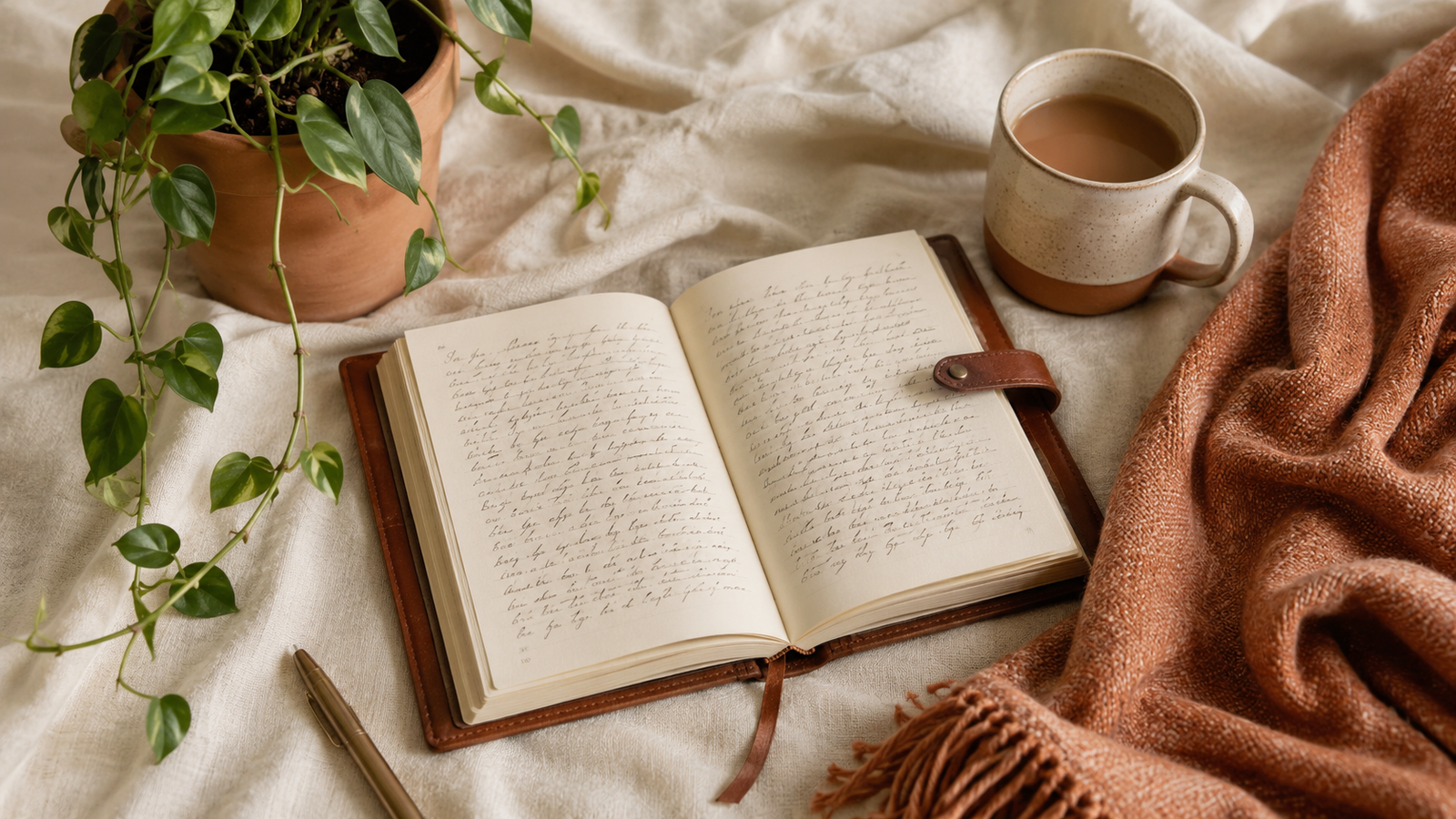 A soft flat-lay of an open journal with handwritten notes, a small potted plant, and a warm mug on cream linen