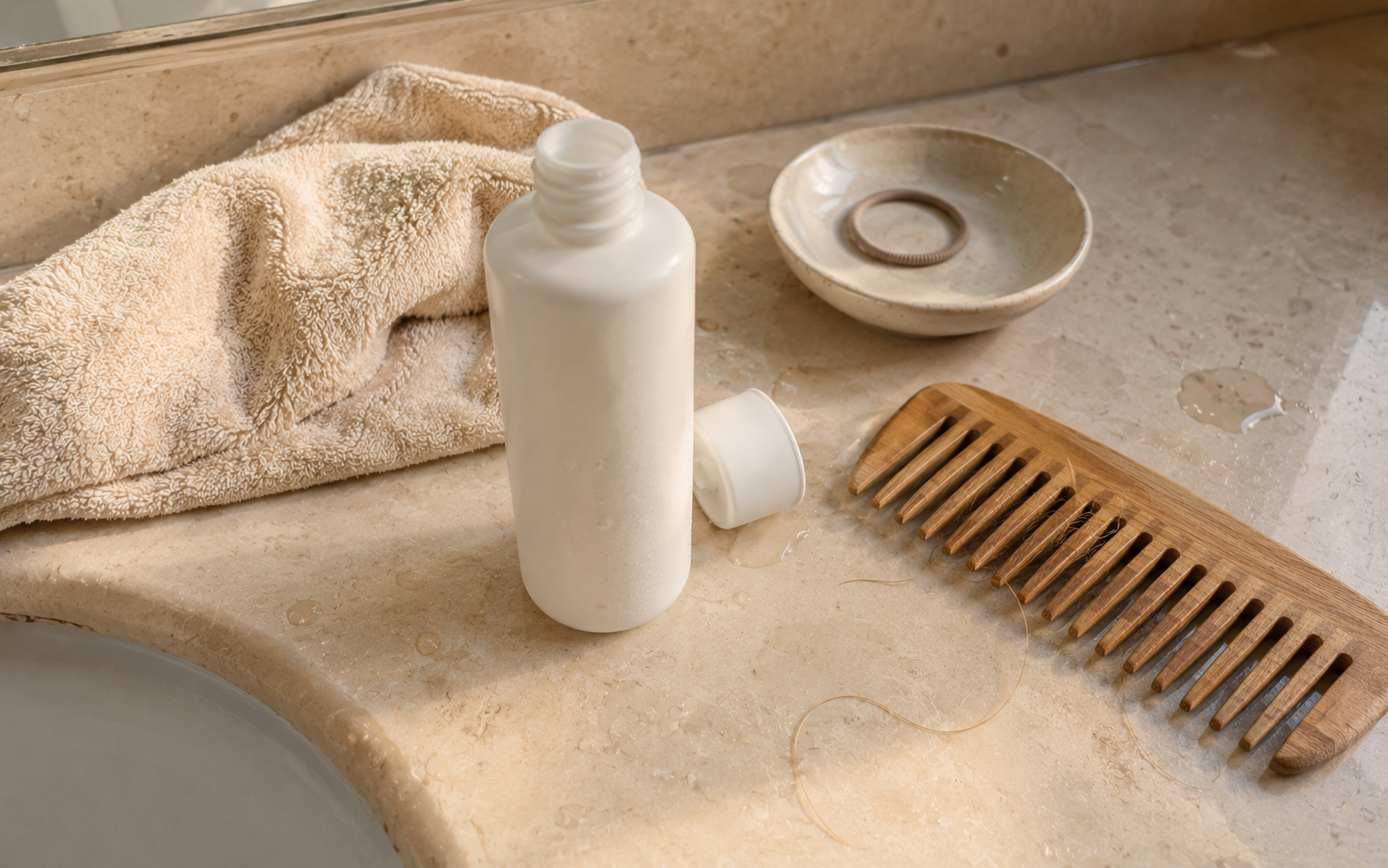 A small bottle of bond repair treatment and a wooden comb resting on warm cream linen in soft daylight