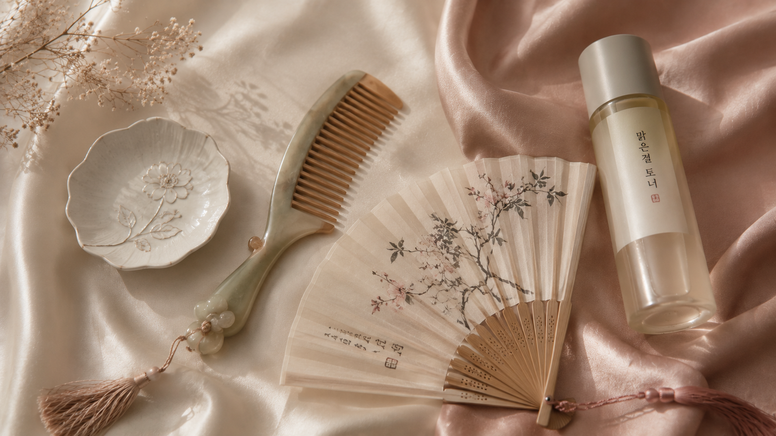 A traditional Chinese vanity setup with a porcelain dish, jade comb, and small fan on a silk surface