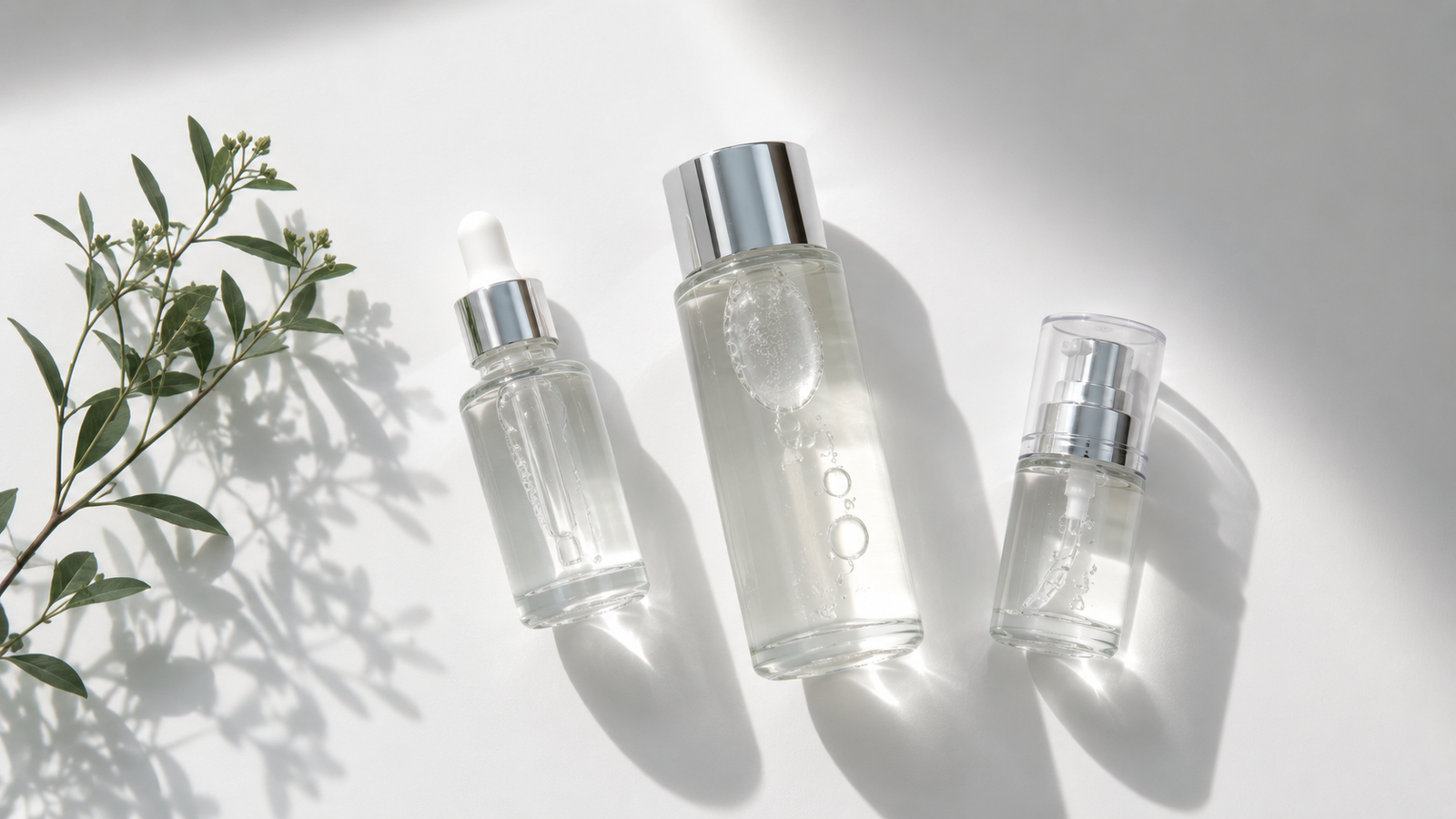 Minimalist beauty products on a clean white surface with botanical accents
