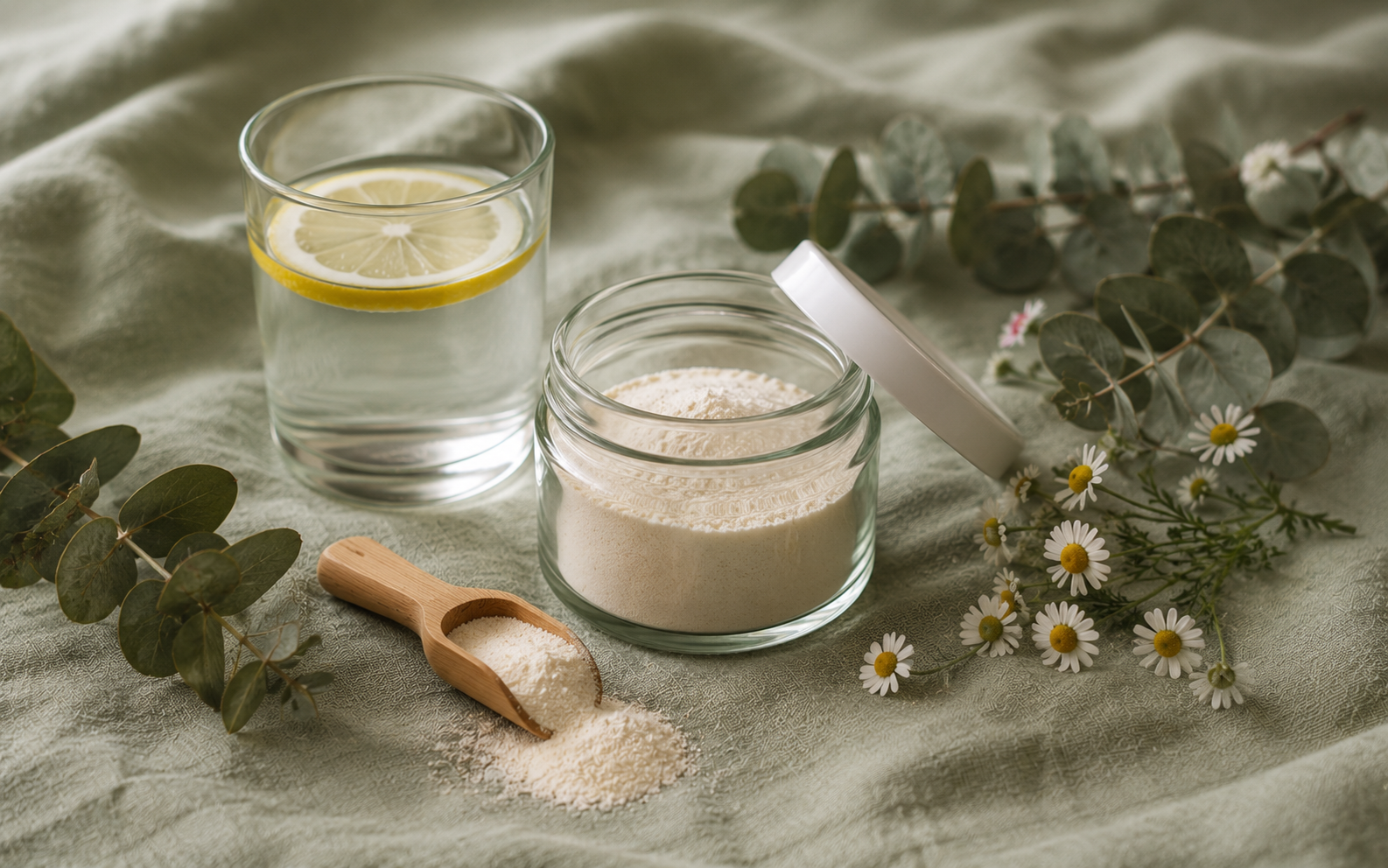 A small scoop of collagen powder spilled gently beside its glass jar, fresh greenery in the soft light