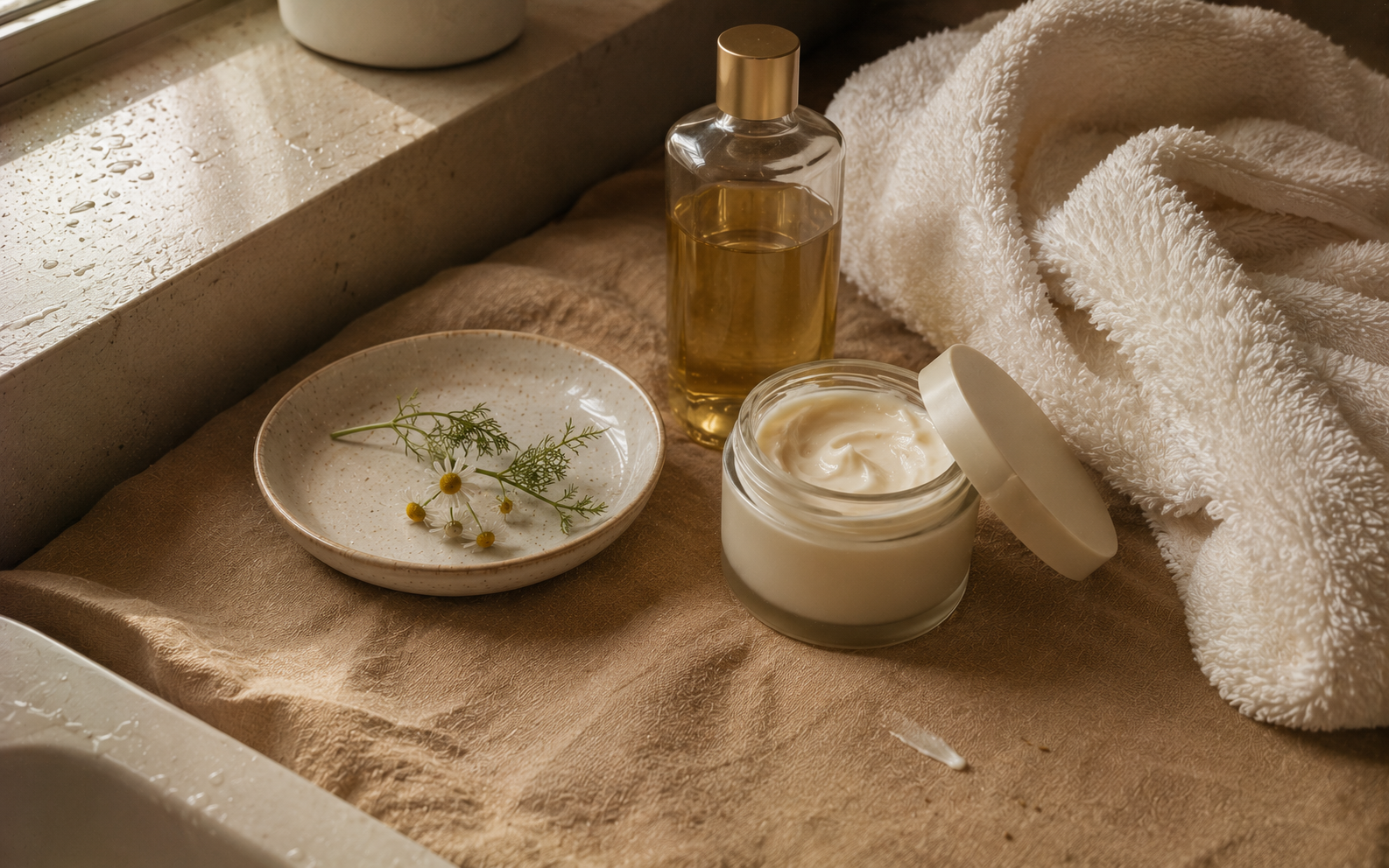 A folded soft milk-toned towel beside a glass jar of body cream on warm honey linen in soft natural daylight