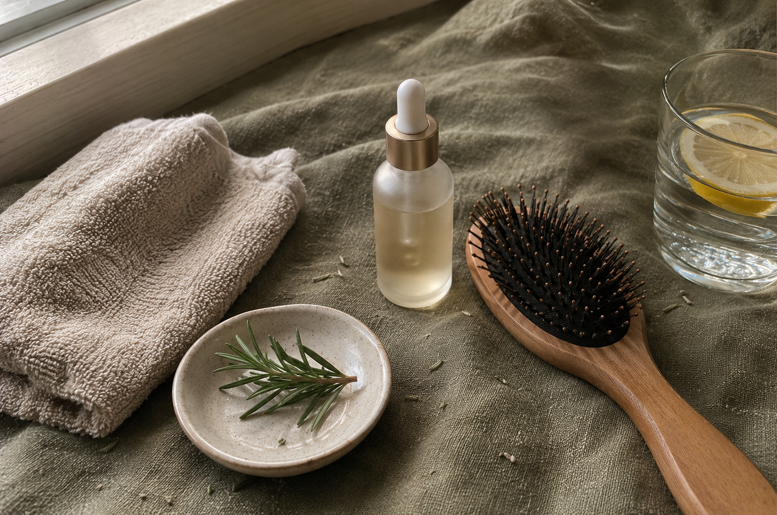 A small glass bottle of scalp serum and a wooden hair brush resting on soft moss-toned linen in natural light
