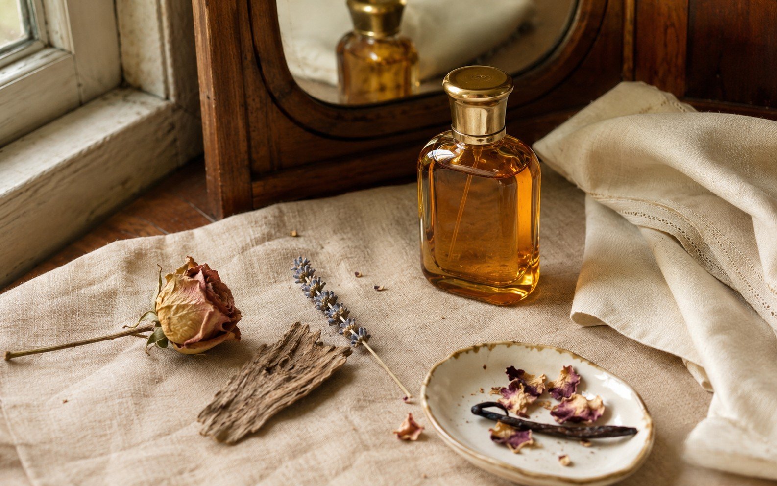 A small amber glass perfume bottle and dried botanicals arranged on warm sandstone linen in soft daylight