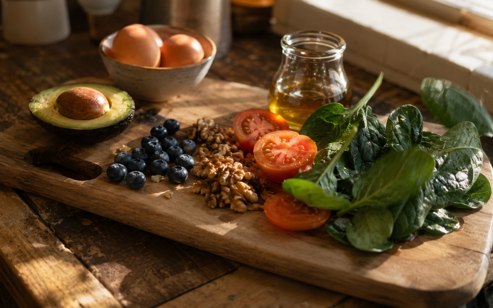 Fresh berries, leafy greens, and an avocado half arranged on a rustic wooden board