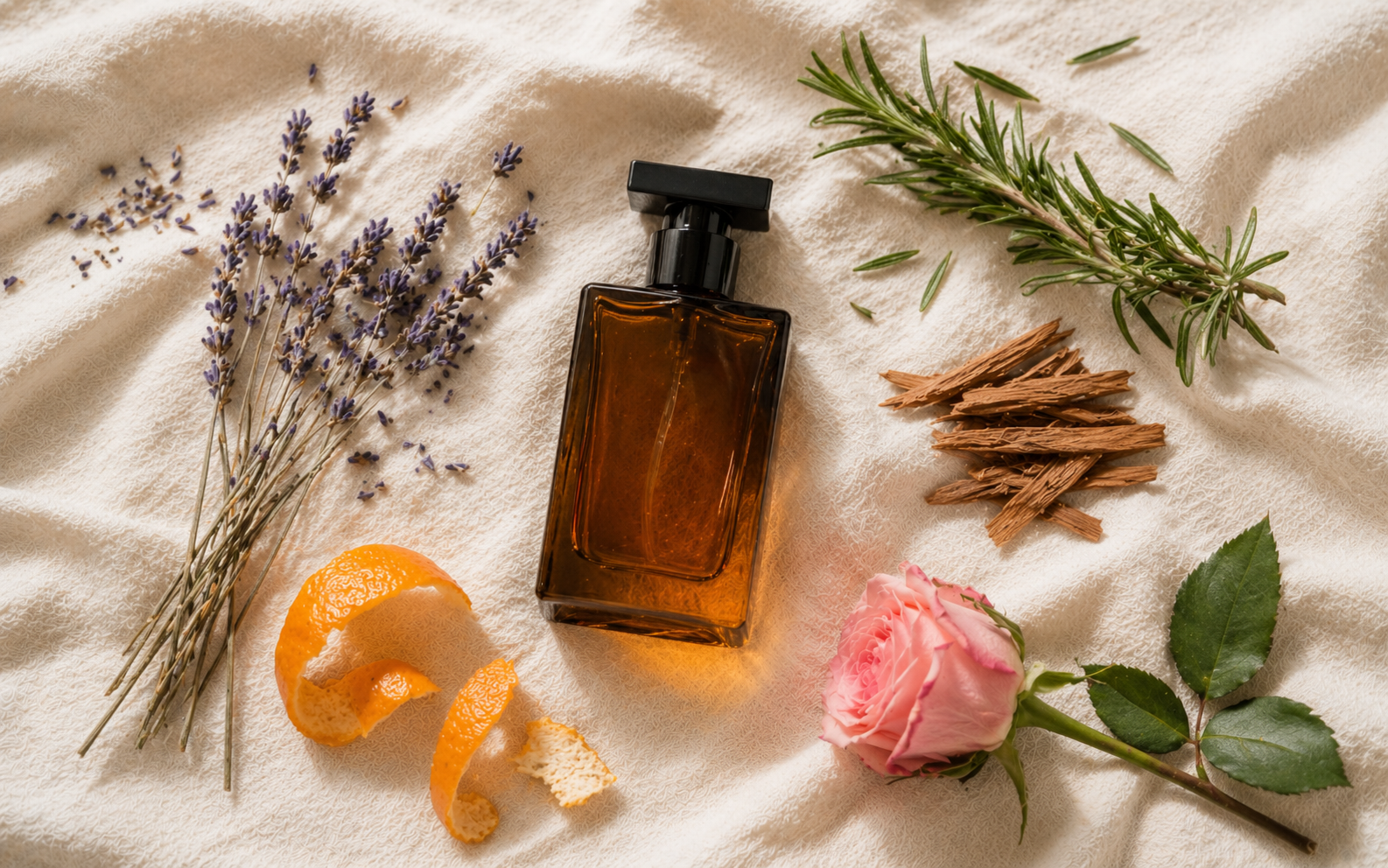 A glass perfume bottle on cream linen surrounded by dried flowers and citrus peels