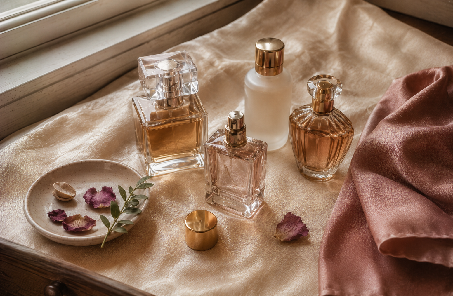 Several perfume bottles arranged on soft champagne linen beside dried botanicals in natural daylight