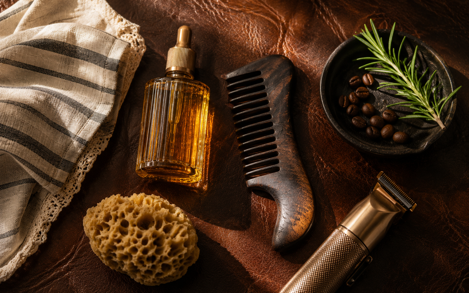 A small bottle of beard oil and a wooden comb resting on a warm linen surface