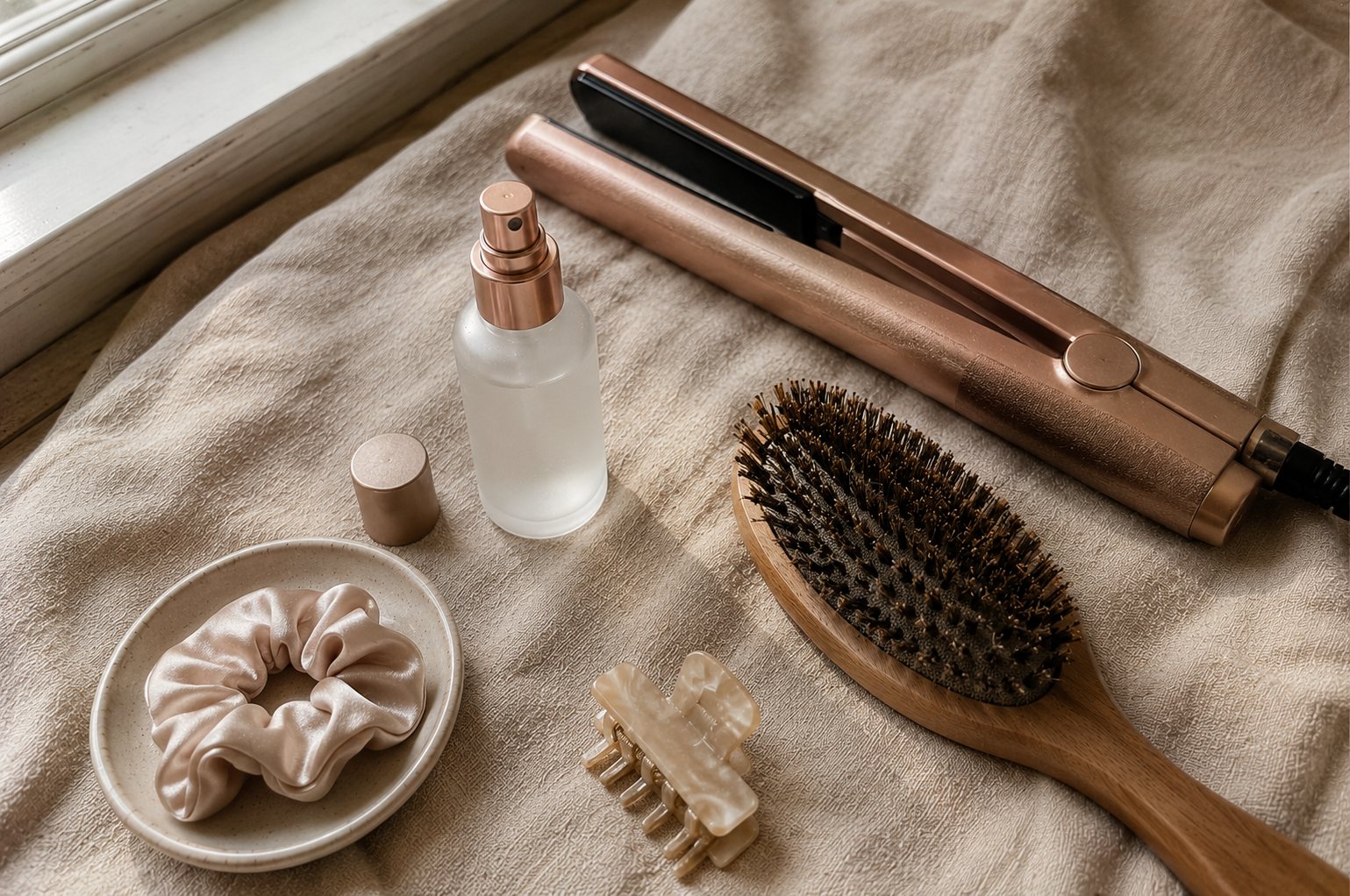 A hair styling tool and a small bottle of heat protectant resting on soft warm linen in natural daylight