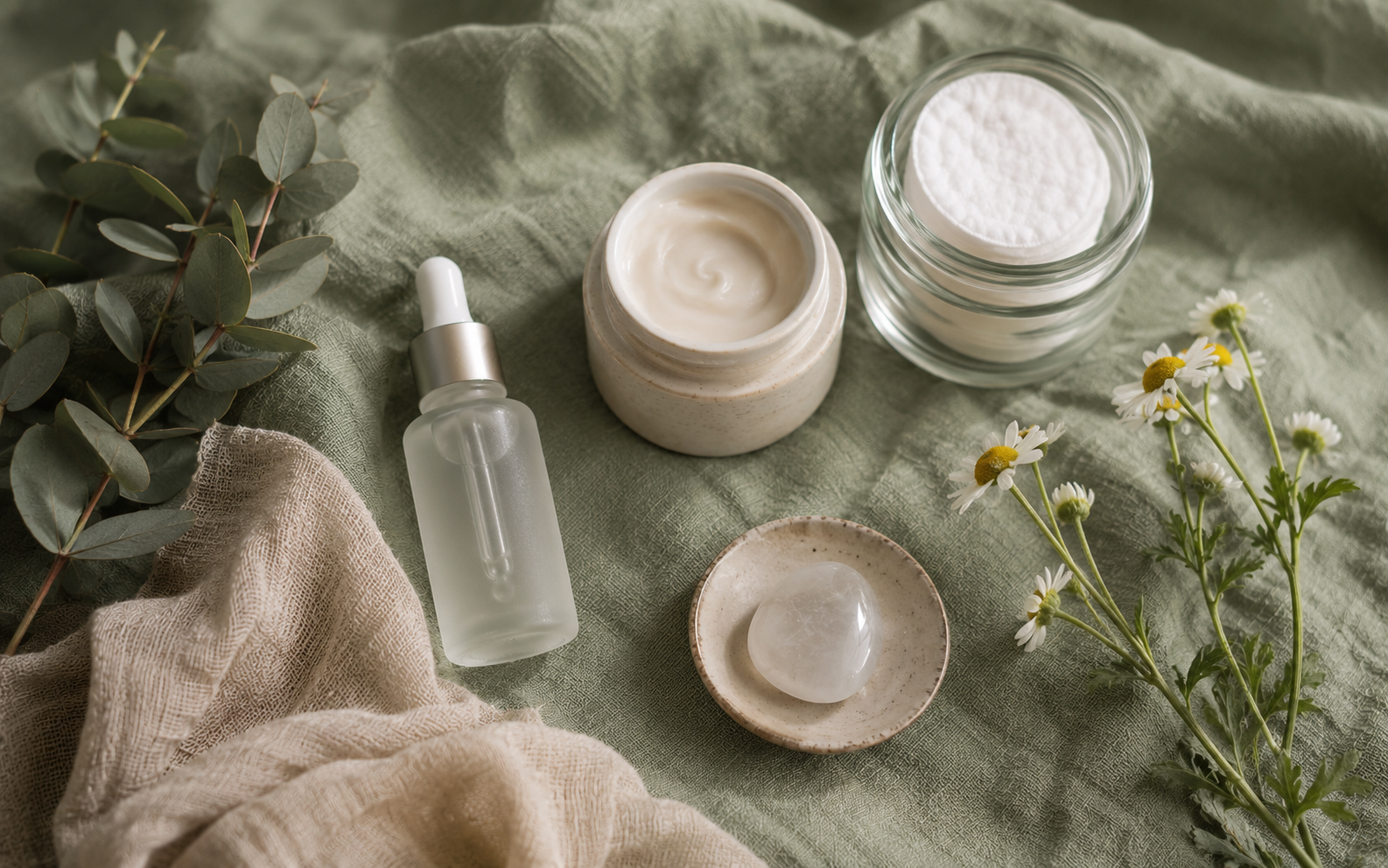 A calm gathering of natural skincare items on sage green linen, eucalyptus sprigs nearby