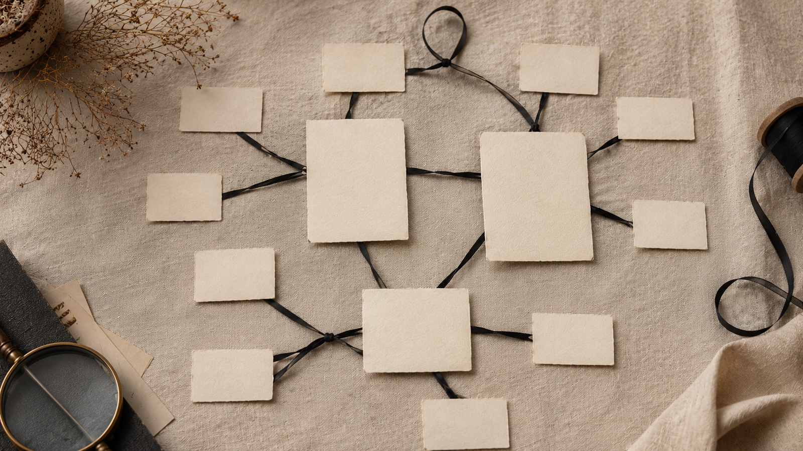 A network of connected paper cards arranged on a table representing corporate ownership relationships