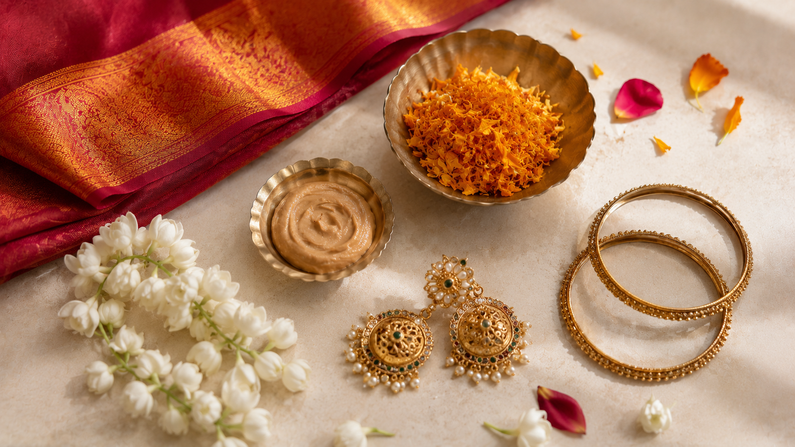 An elegant arrangement of traditional Indian beauty elements - henna patterns, brass bowls, and marigold flowers on a soft surface