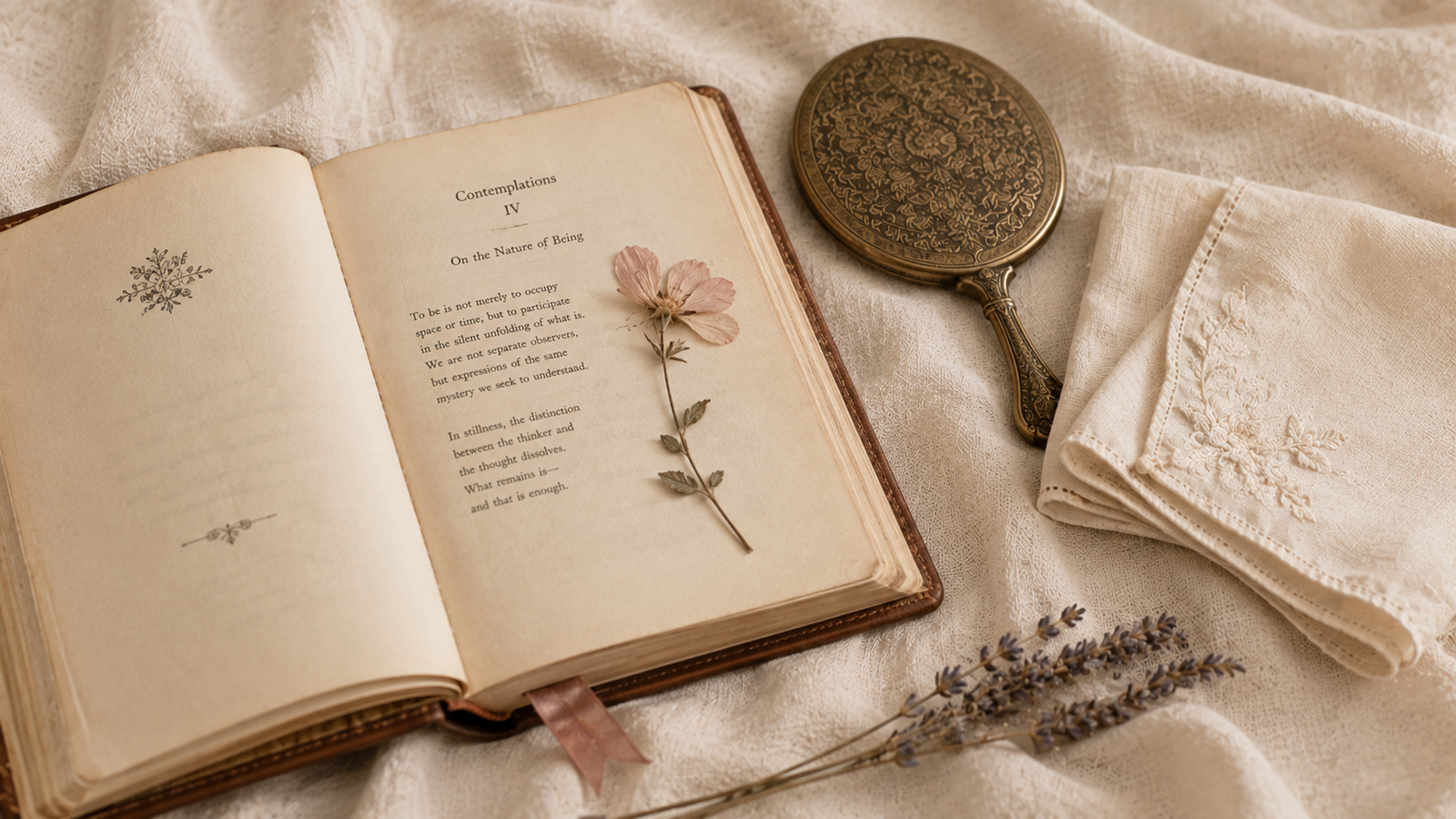 A soft flat-lay of an open book with a pressed flower marking the page, a small mirror facing down, and a folded handkerchief on cream linen