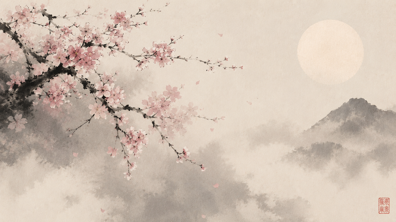 A traditional Japanese ink painting style composition with cherry blossoms and minimal natural elements