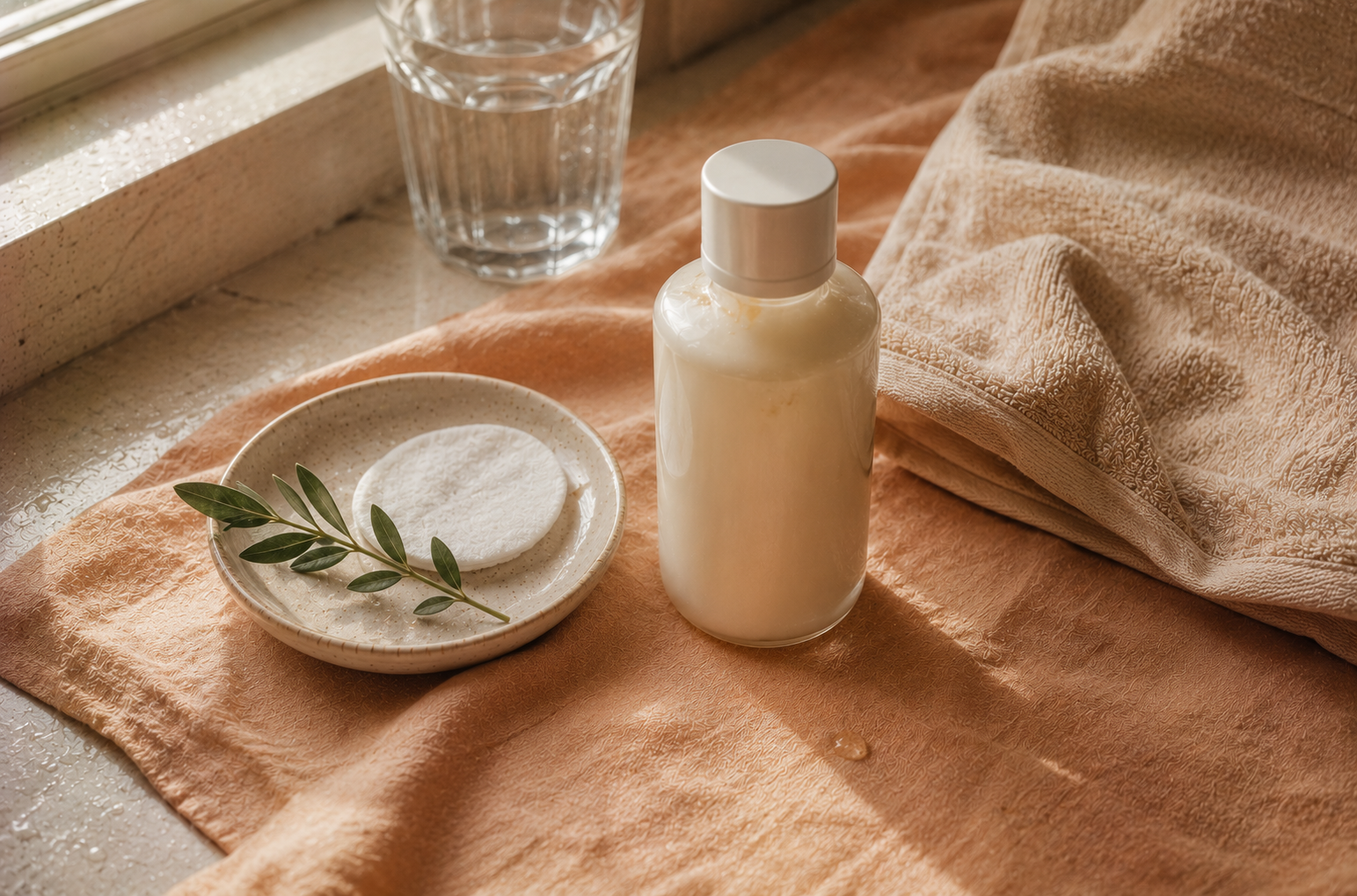 A small bottle of body lotion beside a soft folded cloth on warm apricot linen in natural daylight