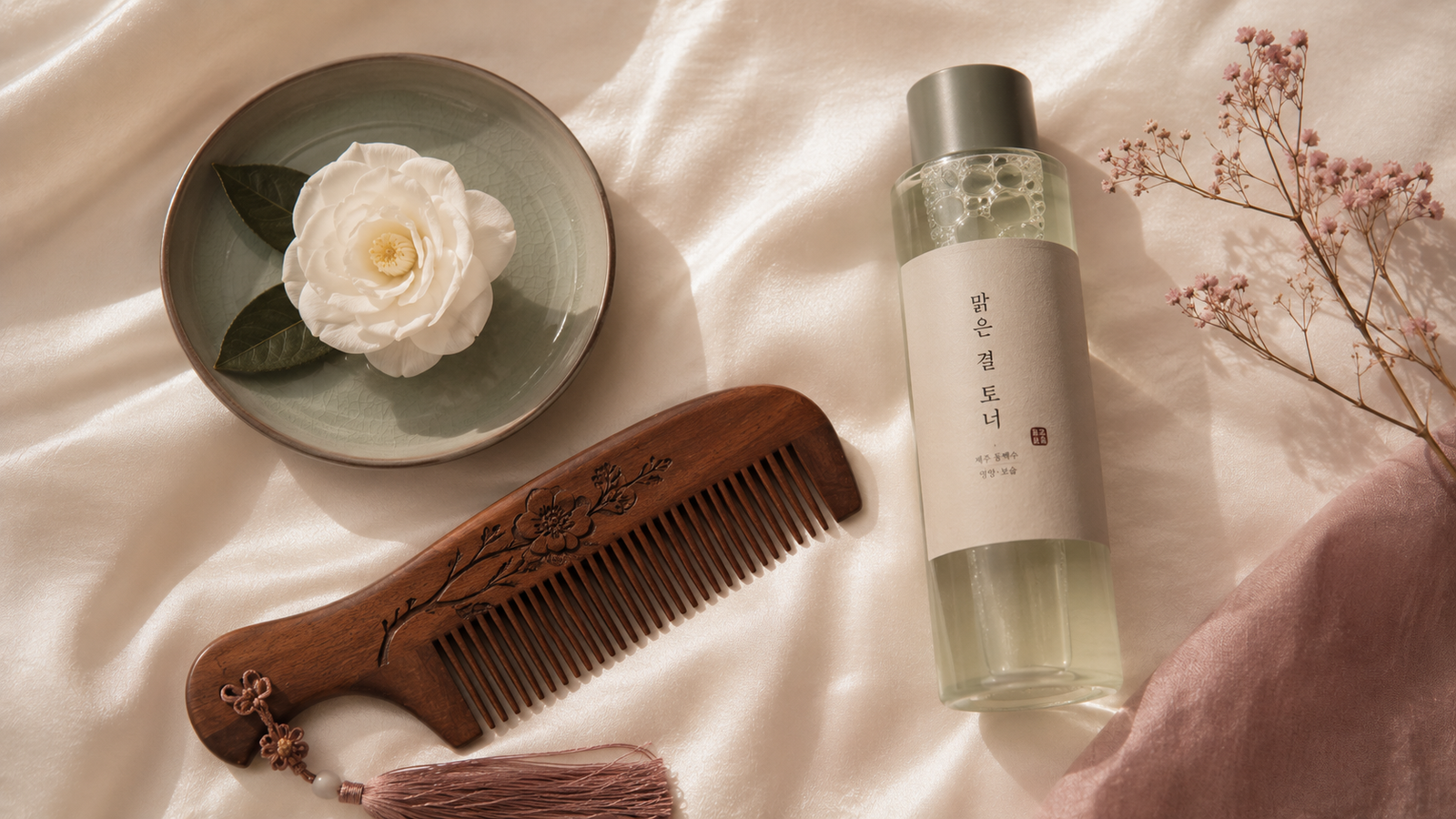 A soft editorial scene showing Korean cosmetic products and beauty elements