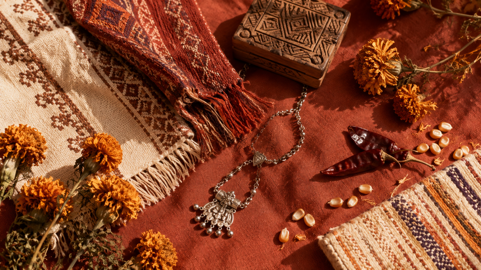 A soft flat-lay of woven textiles, dried marigold flowers, and traditional jewelry pieces arranged on a warm terracotta surface