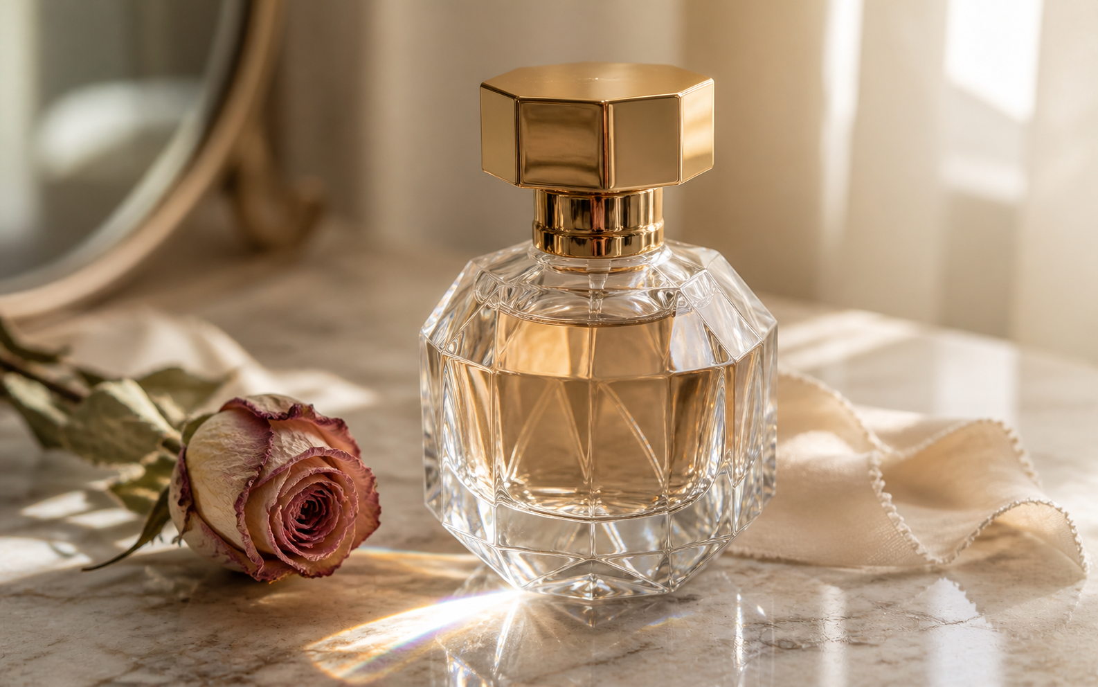 An ornate glass perfume bottle catching warm afternoon light through a window