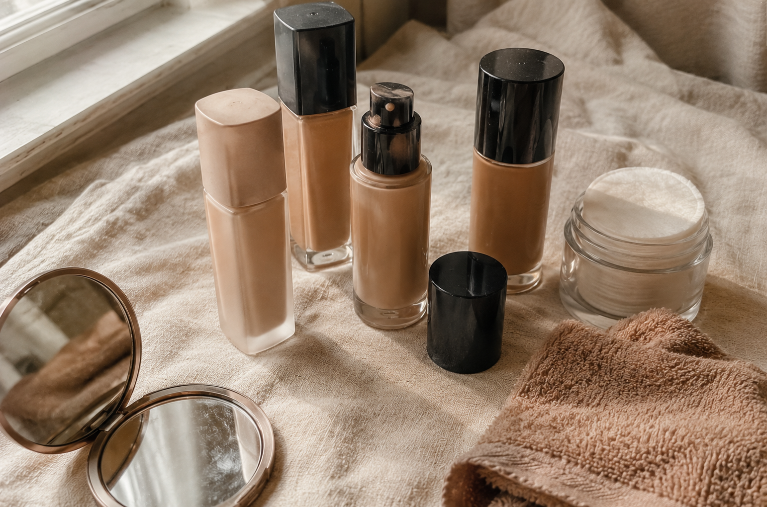 A few foundation bottles in different shades resting together on warm sand-toned linen in soft natural daylight