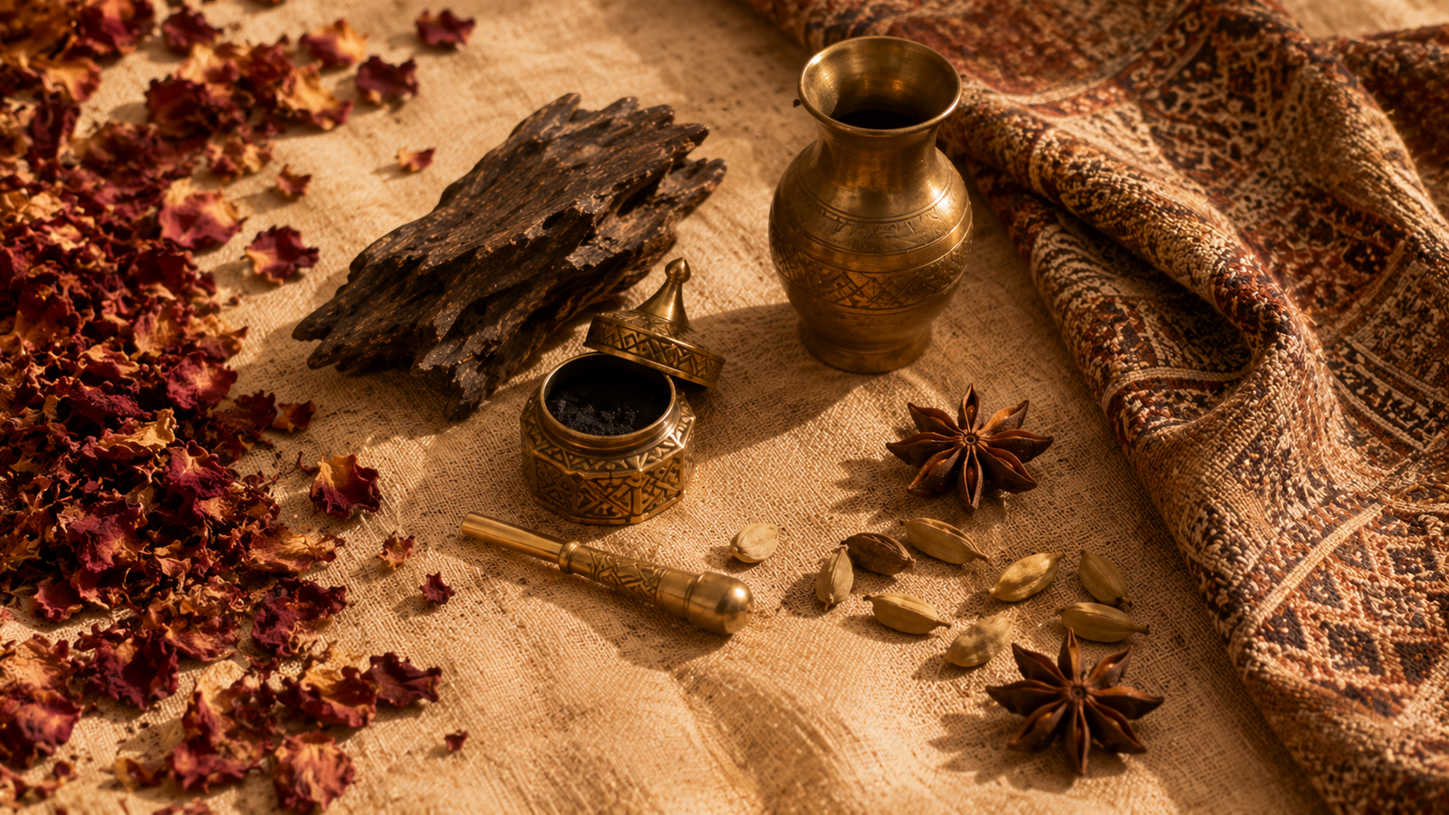 A flat-lay arrangement of rose petals, oud wood chips, kohl container, and small brass vessels on warm sand-colored linen