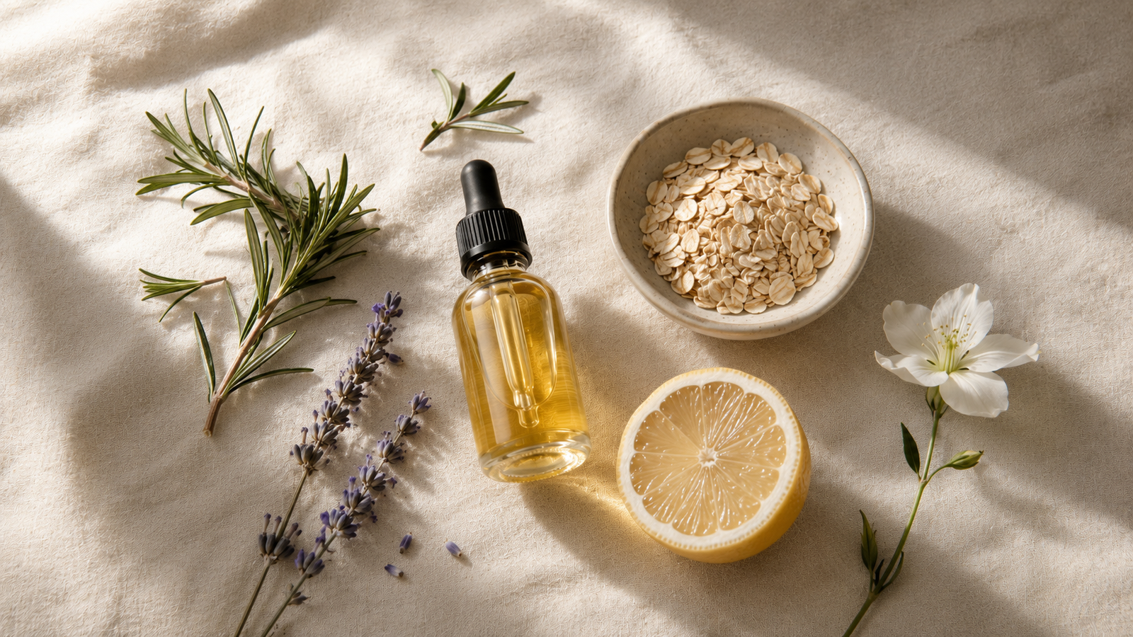 A still life of plant-based beauty ingredients including herbs, oils, and a glass dropper bottle on a cream surface