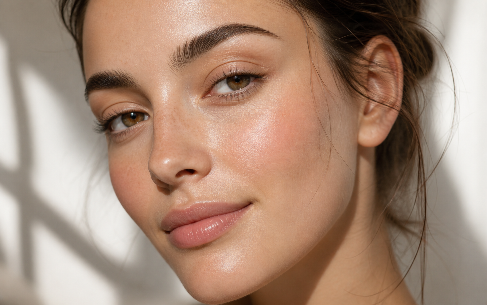 A small handful of minimalist makeup items in neutral tones on a soft cream surface
