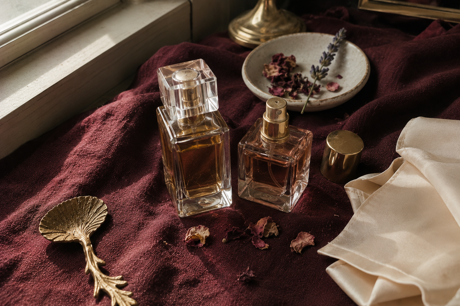 Two small perfume bottles resting beside dried flowers on rich burgundy linen in soft daylight