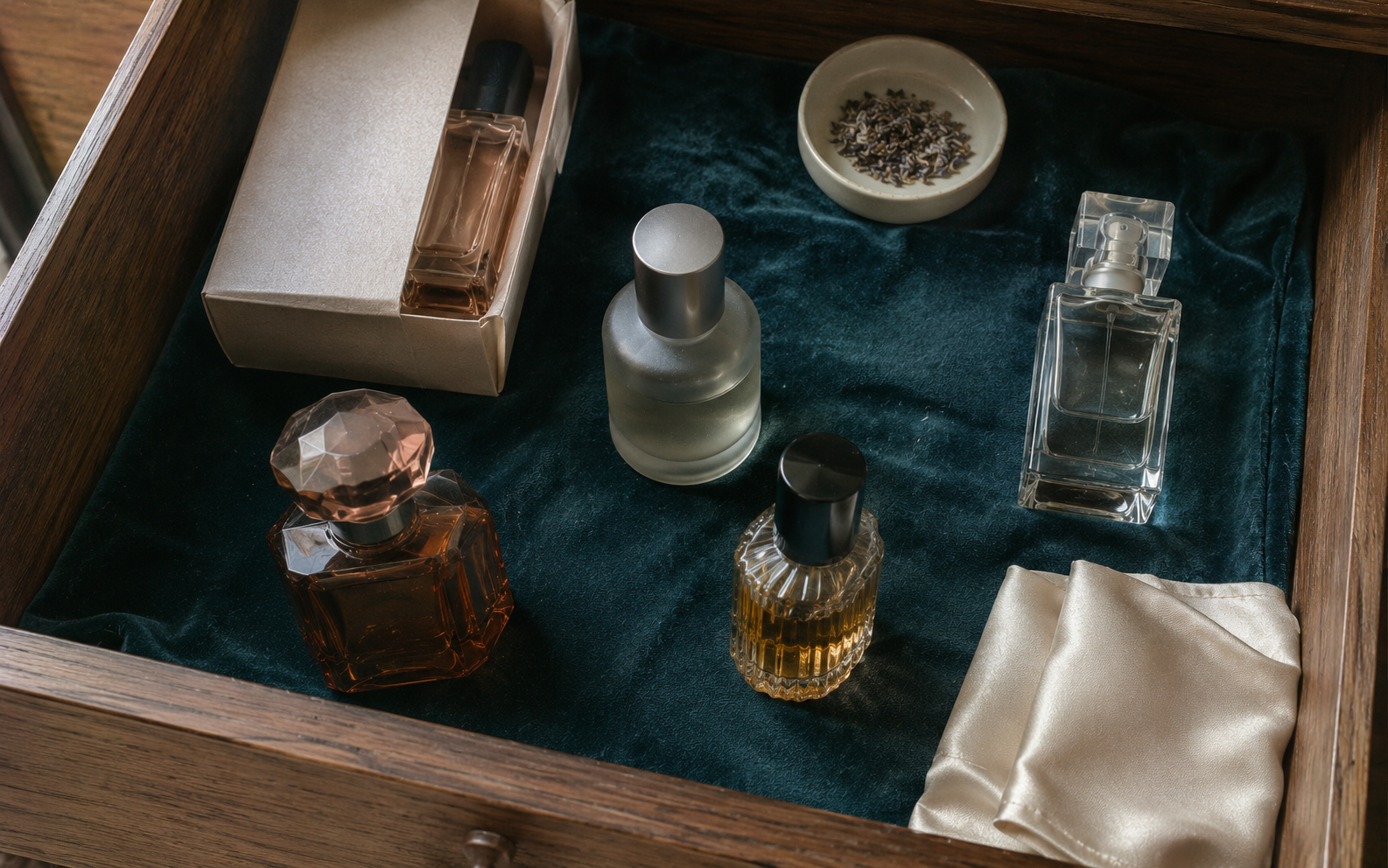 An open wooden drawer holding perfume bottles nestled in soft fabric in cool natural light
