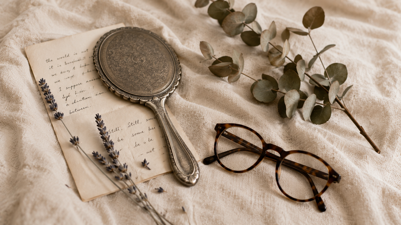 A soft-focus arrangement of a hand mirror, a folded piece of paper with handwritten notes, and dried botanicals on cream linen