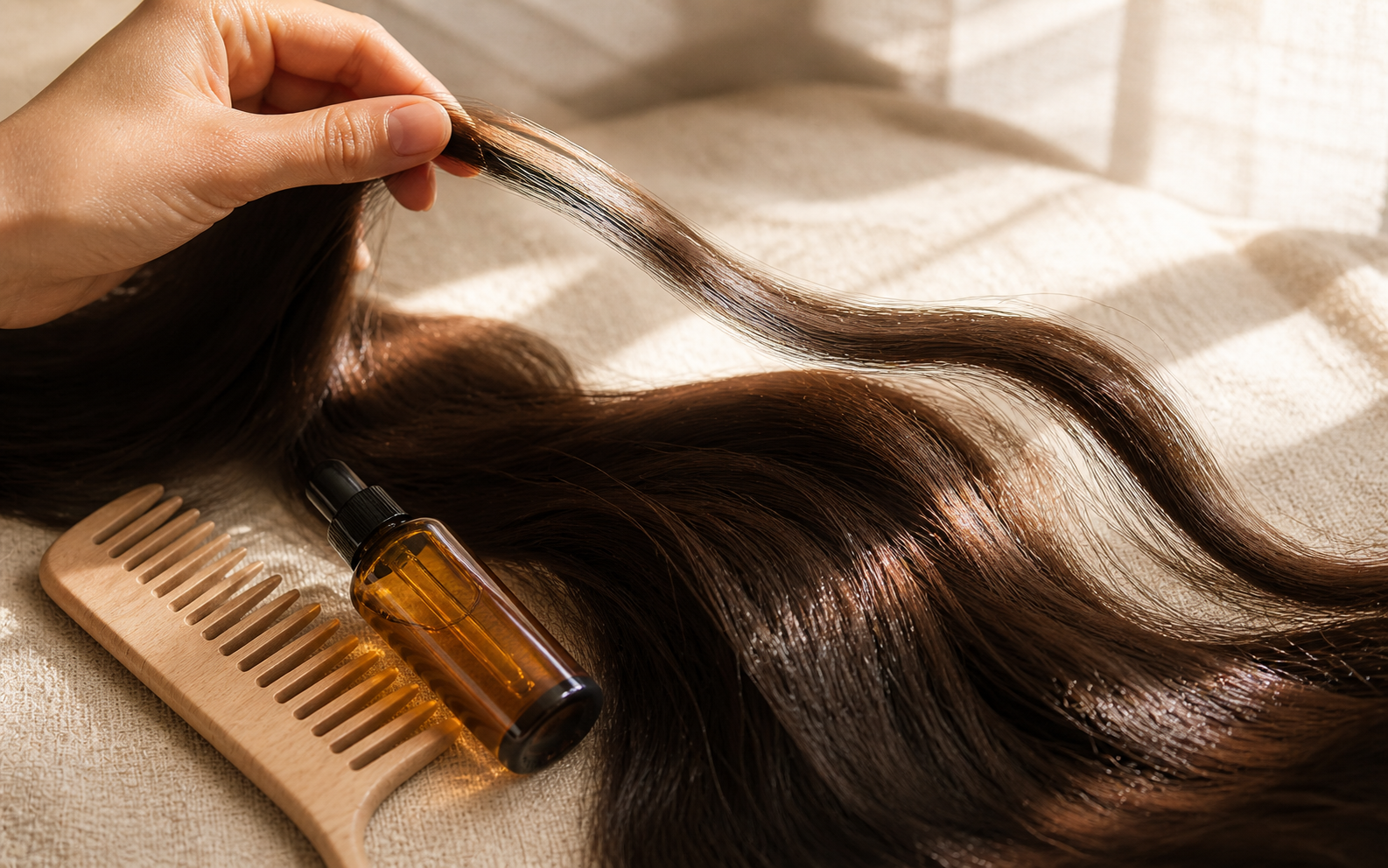 A small bottle of hair treatment and a soft towel on a cream surface, a wooden comb resting nearby