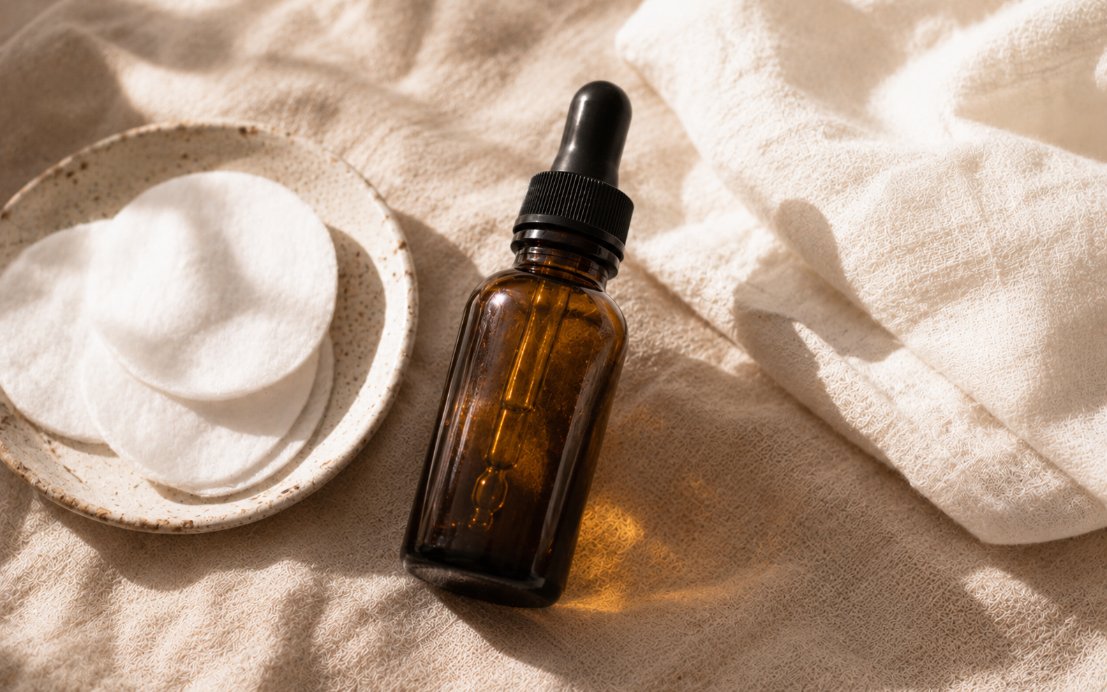 An amber glass dropper bottle of retinol serum resting on folded linen in soft morning light