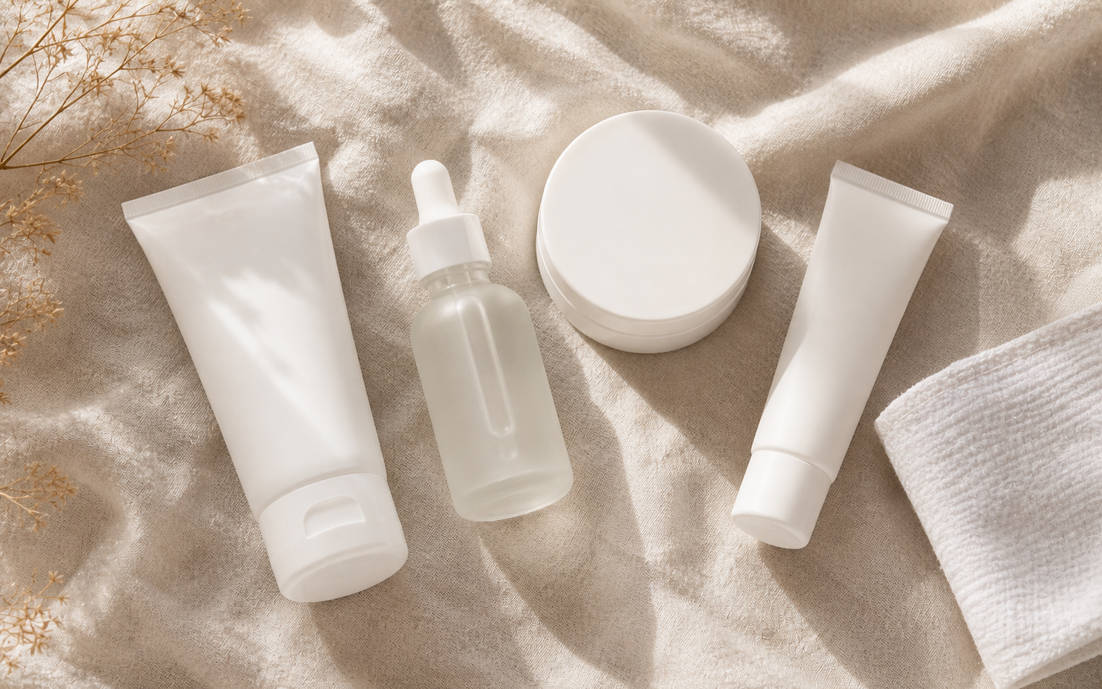 Gentle, minimalist skincare products arranged simply on a soft cream surface